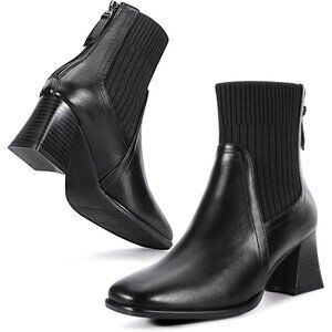 Women's Square Toe Ankle Black Boots Low Block Heel Chelsea Mid Calf Booties